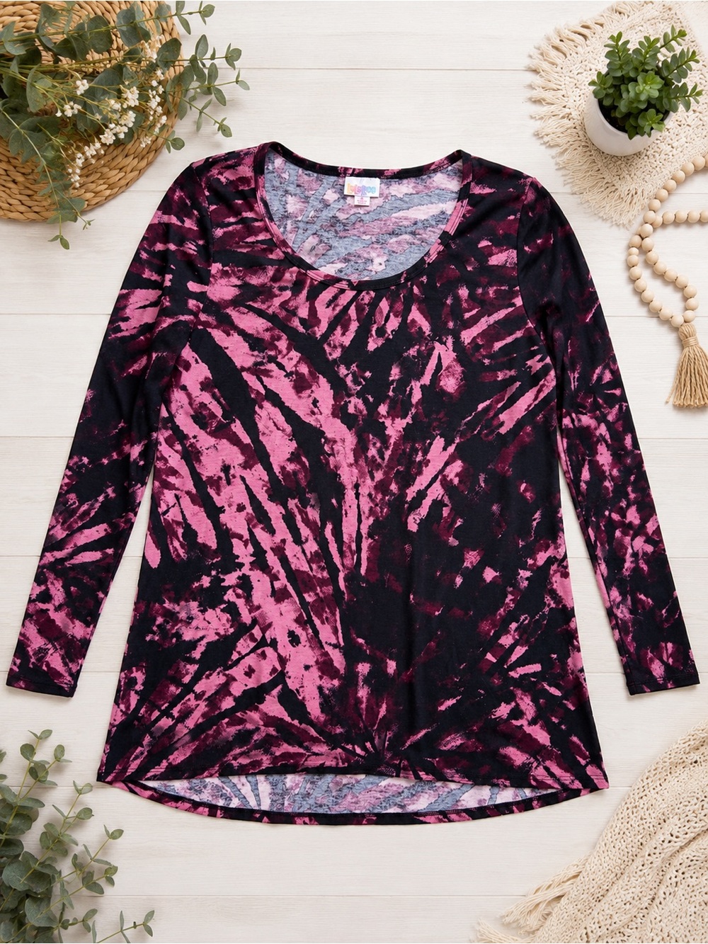 LuLaRoe Lynnae Long Sleeve Top | Pink & Black Tie-Dye | Size Small